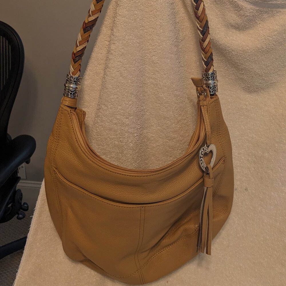 Brighton Barbados Braided Strap Zip Top Leather Tassel Hobo Shoulder Bag